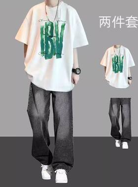 夏季纯棉T恤男短袖字母休闲运动套装男士时尚帅气阔腿百搭ins休闲