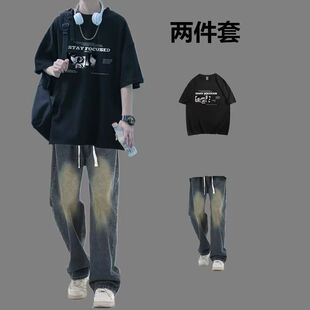 男夏季纯棉短袖T恤休闲牛仔裤套装学生痞帅帅气男士运动宽松韩版