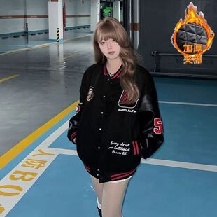 美式ins复古风甜酷植绒棒球服男女撞色拼接宽松夹克夹棉外套潮牌