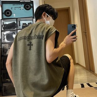 美式无袖T恤男款夏季ins潮牌鹿皮绒复古背心宽松潮流百搭坎肩上衣