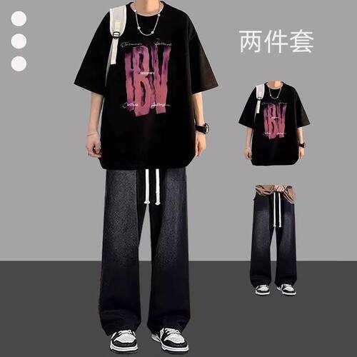 纯棉印花短袖男休闲运动套装男士百搭牛仔裤大码韩版夏季学生休闲