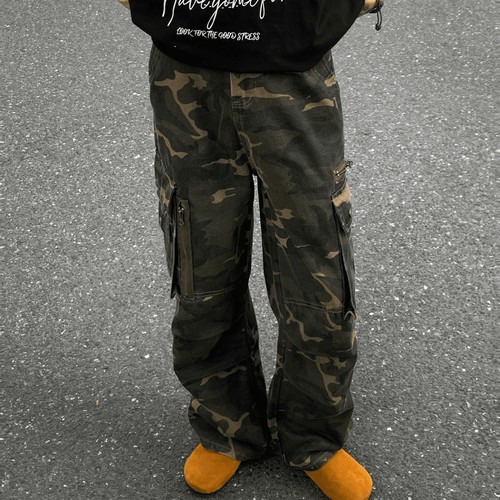 美式复古迷彩牛仔裤男潮牌废土风hiphop工装裤宽松阔腿伞兵伐木裤