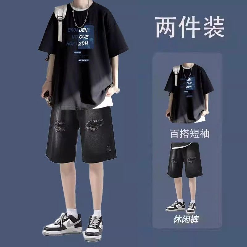 夏季痞帅纯棉短袖T恤14-17岁男生宽松套装休闲男装帅气短裤青少年