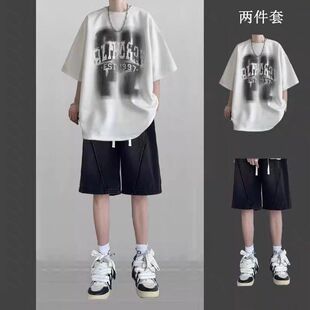 男纯棉短袖T恤夏季牛仔短裤休闲运动套装学生痞帅韩版百搭帅气男