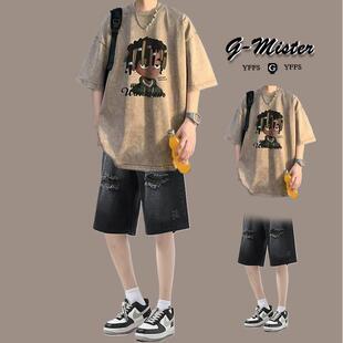 短袖圆领夏季青少年休闲运动套装帅气薄款男士牛仔短裤印花宽松潮