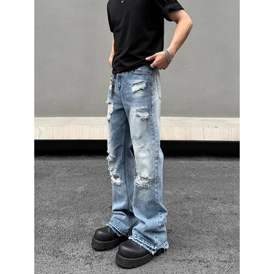欧美高街水洗蓝色破洞牛仔裤男款夏季潮直筒显瘦微喇cleanfit裤子