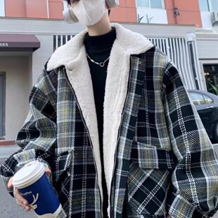羊羔毛棉服男款小香风格子冬季外套高级感潮牌潮流羊羔绒加厚棉衣