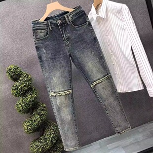 潮流休闲九分修身牛仔裤男士网红韩版痞帅破洞刮烂水洗弹力小脚裤