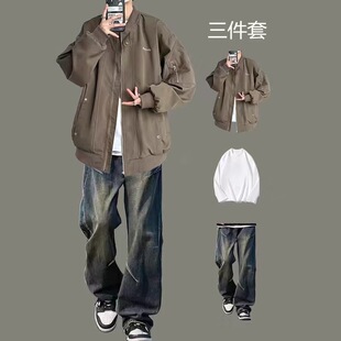 春秋季男士冲锋衣外套休闲套装机能夹克飞行棒球服帅气潮牌三件套