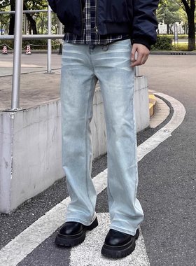Verborgen浅蓝色牛仔裤秋季新款美式高街男宽松休闲阔腿直筒水洗