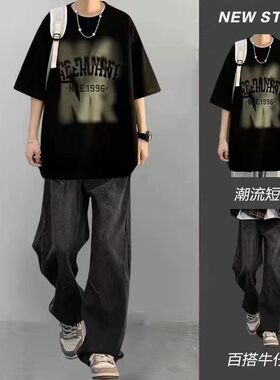 短袖T恤夏季牛仔裤休闲运动套装潮流宽松ins裤子学生半袖男士印花