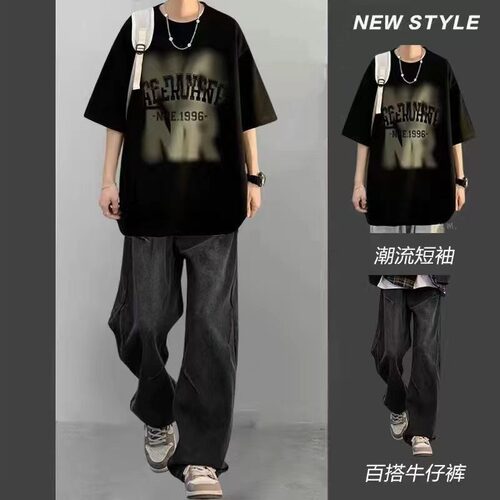 短袖T恤夏季牛仔裤休闲运动套装潮流宽松ins裤子学生半袖男士印花
