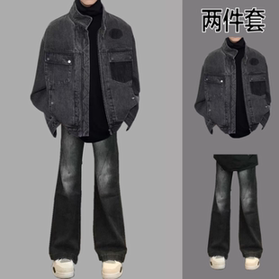 男士春秋季休闲牛仔外套男夹克青年男装全套穿搭配痞帅时尚三件套