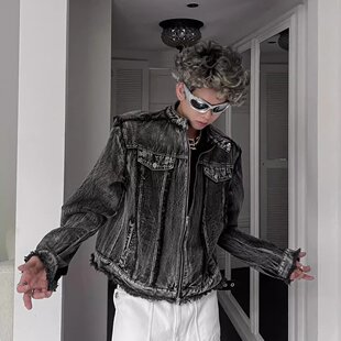 新款小众设计感多口袋垫肩牛仔外套男秋冬季复古水洗做旧立领夹克