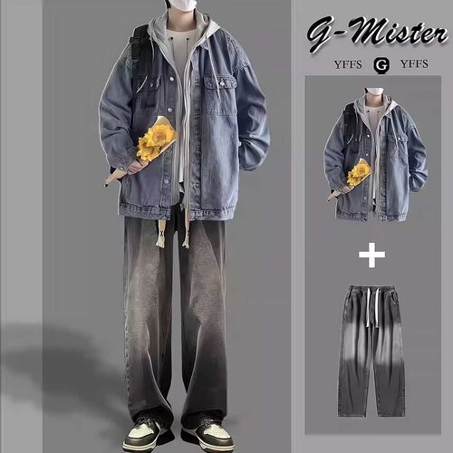 春秋季潮流牛仔套装男士高街帅气青少年夹克外套搭配牛仔裤两件套