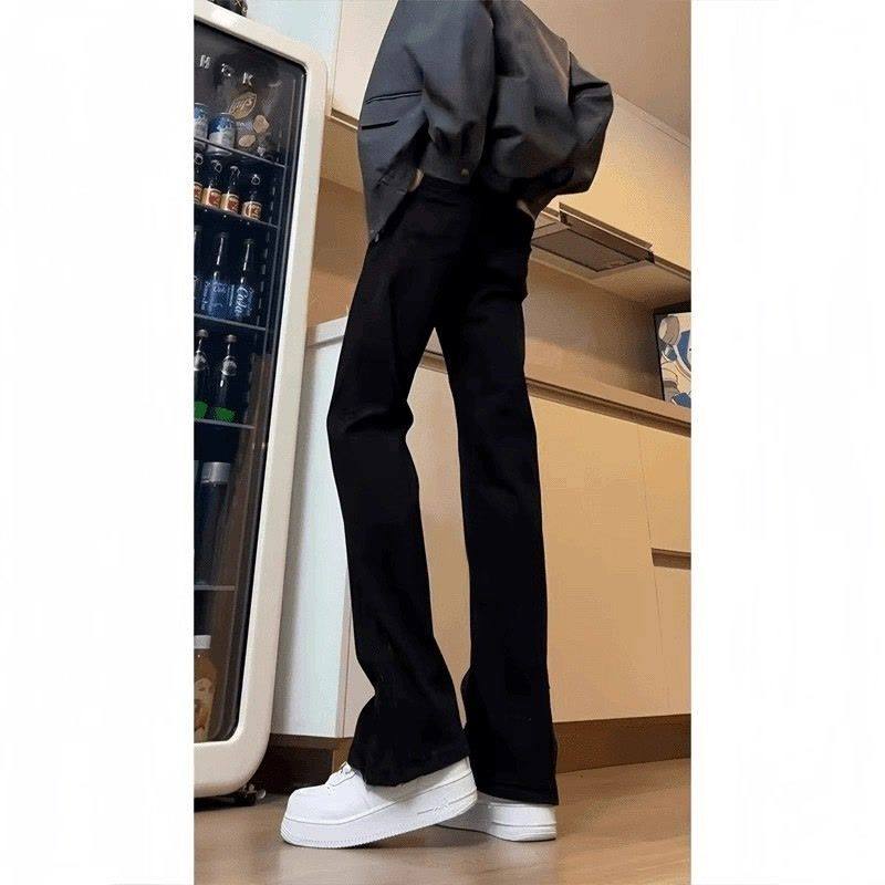 纯黑色皮带款牛仔裤男直筒修身vibe裤子美式高街提裆窄版微喇叭裤