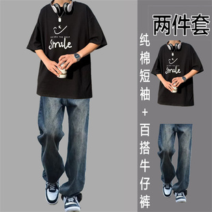 夏短袖T恤纯棉青少年休闲运动套装男士ins牛仔裤男生半袖潮流时尚