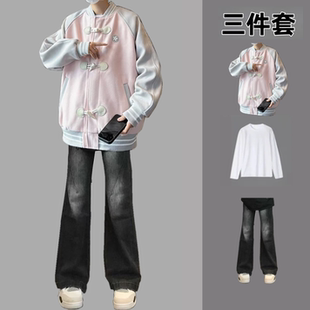 棒球服外套男春秋季潮牌宽松百搭上衣搭配帅气牛仔裤痞帅三件套装