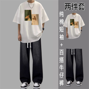 纯棉印花短袖T恤牛仔裤休闲套装夏季男长裤潮流直筒ins痞帅运动