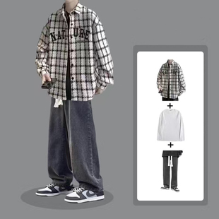 小香风夹克外套男生休闲套装春秋季韩版潮流男装穿搭帅气一套衣服