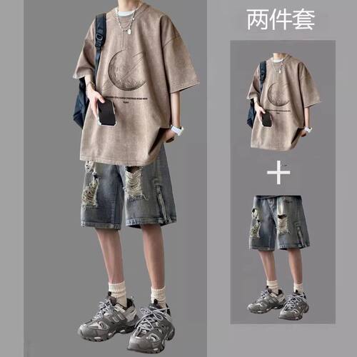夏青少年纯棉短袖T恤休闲运动套装男士百搭牛仔短裤潮流韩版学生