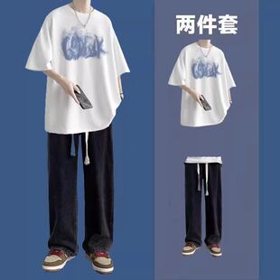 男生纯棉短袖T恤印花休闲运动套装学生阔腿牛仔裤潮流运动韩版