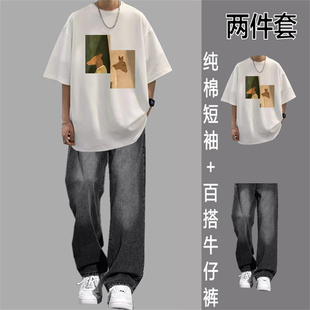 夏季纯棉短袖男牛仔裤裤T恤休闲运动套装青少年宽松裤子潮流韩版