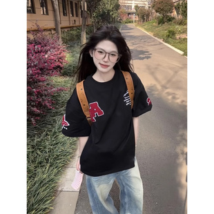 上衣 t恤男夏潮牌宽松oversize情侣半袖 美式 复古字母植绒刺绣短袖