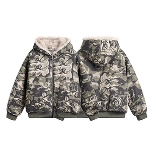 美式复古大毛领迷彩连帽棉服男2025新款冬季设计感短款棉衣外套潮