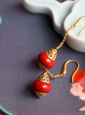 一生安朱砂宫灯耳环善念耳坠s925纯银镶嵌灵丹真朱砂保真高含量