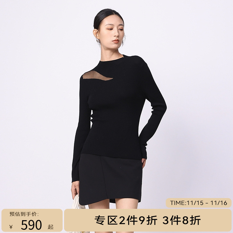 线上专享hply young荷比俪新款冬女镂空拼接设计感打底毛衣毛衫