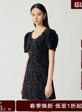 H·GENTEEL荷高新秋装女简约收腰豹纹泡泡袖连衣裙GUD34750570