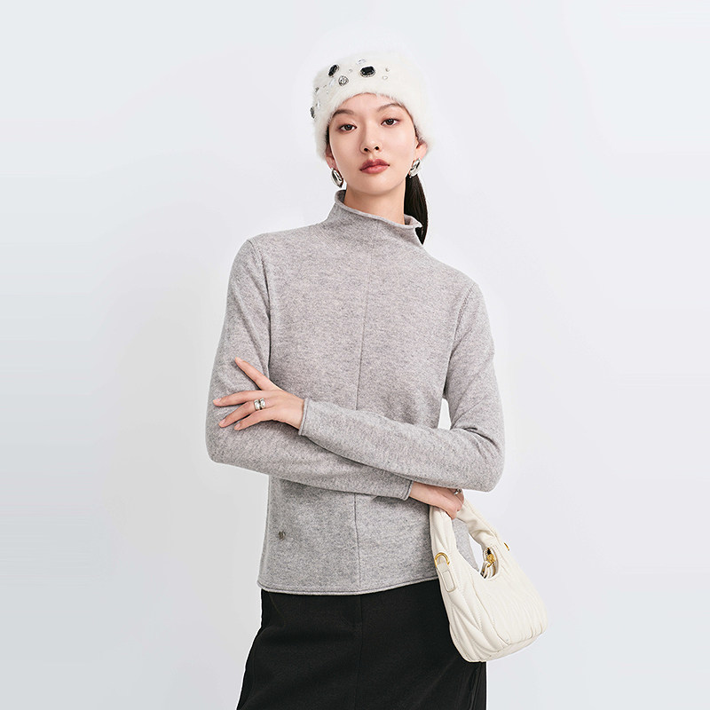 【商场同款】HPLY荷比俪冬季新款女卷边高领中线拼接针织衫