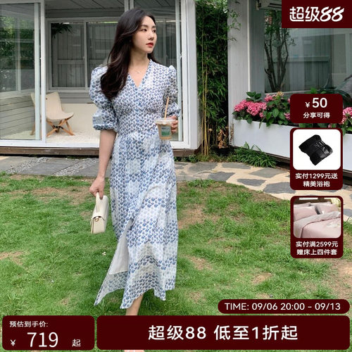 HPLY荷比俪22夏新款女复古廓形宽腰封泡泡袖连衣裙HMC28750261-1