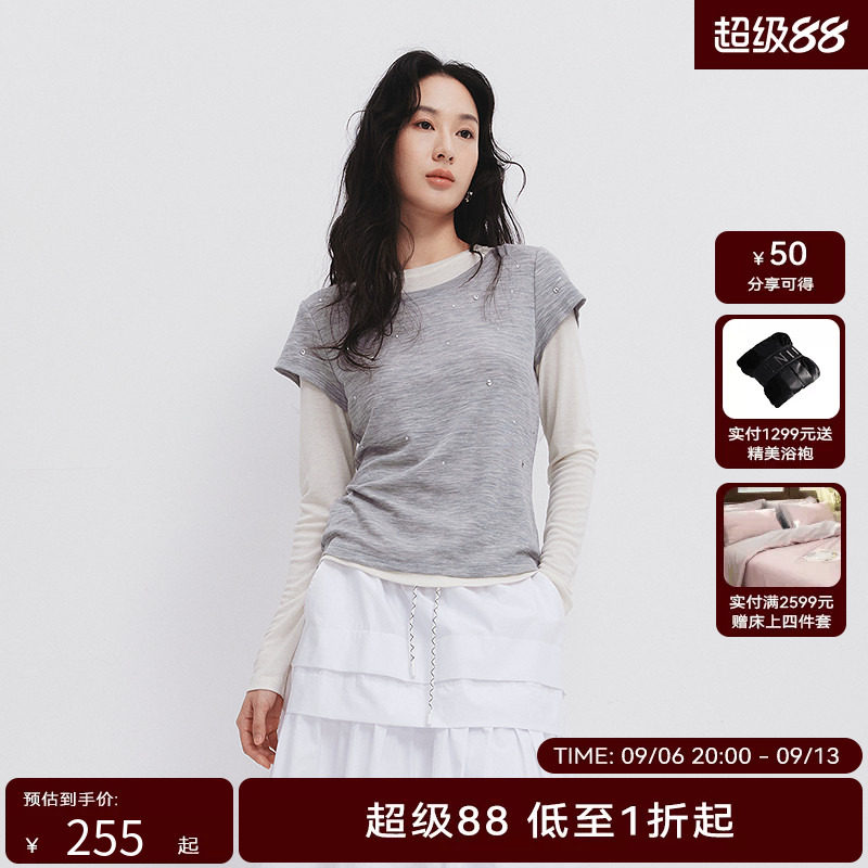 【都市漫游】HPLY荷比俪2025夏新款女假两件修身通勤长袖T恤图片