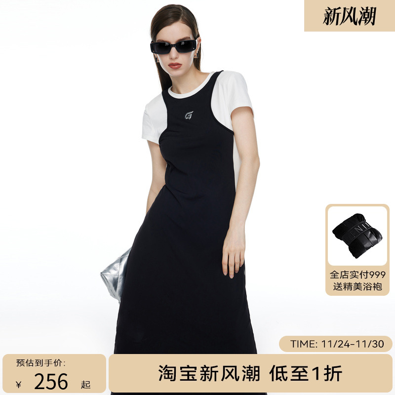 H·GENTEEL荷高新秋装运动女闲假2件背白拼接针织宝藏连衣裙