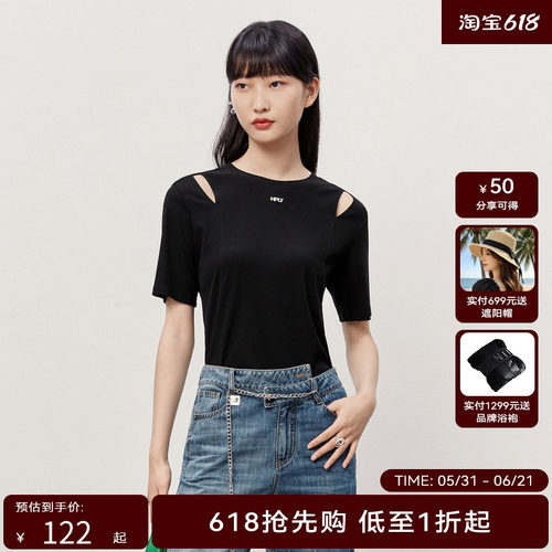 HPLY荷比俪2023夏季新款女镂空字母logo休闲短袖T恤HMD21620089