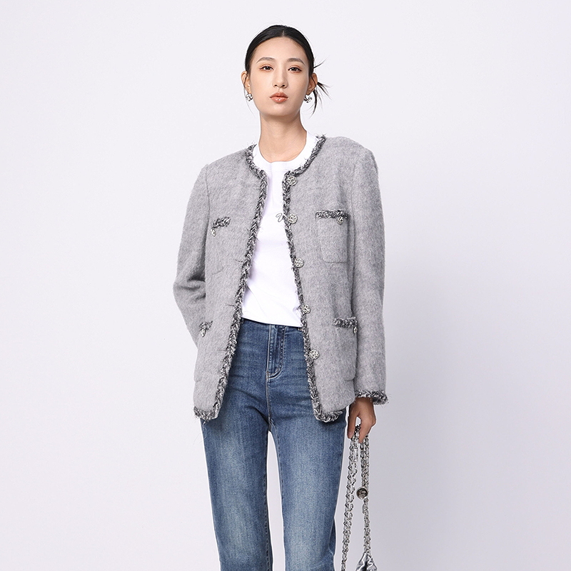 线上专享hply young荷比俪新款冬女拼接小香风编织长毛呢短款大衣