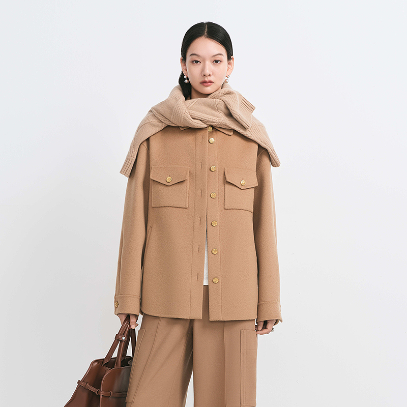 【商场同款】HPLY荷比俪冬季新款女宽松衬衫式双面呢大衣外套