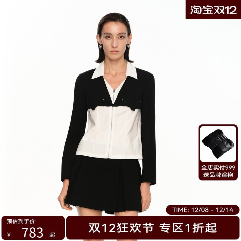 H·GENTEEL荷高新款夏装女黑白拼式假两件休闲气质衬衫