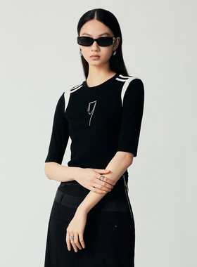 H·GENTEEL荷高23新秋装女典黑白拼接针织面料修身显瘦百搭T恤