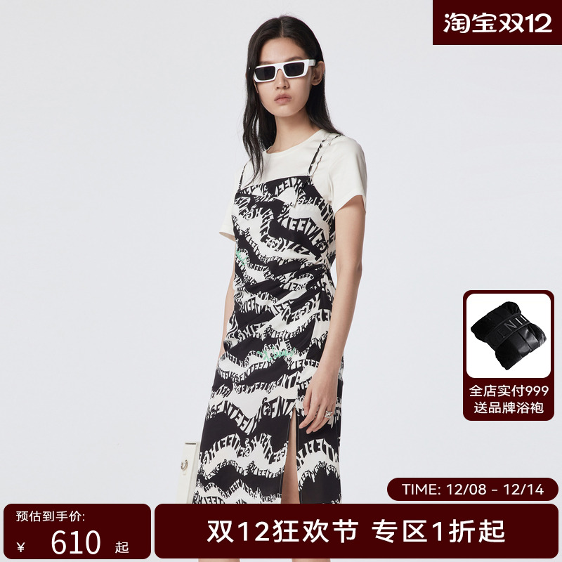 H.GENTEEL荷高夏女假两件印花吊带光泽感酷飒连衣裙GUD23750598