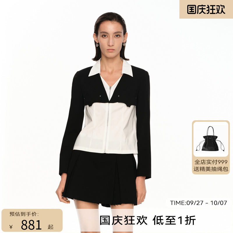 H·GENTEEL荷高新款夏装女黑白拼式假两件休闲气质衬衫