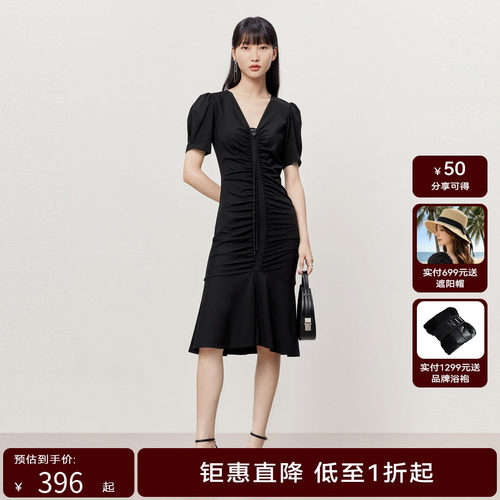 HPLY荷比俪夏季新款女V领泡泡袖抽褶连衣裙HMD26750191