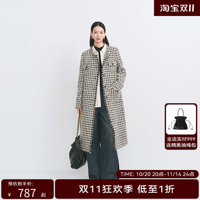 【商场同款】HPLY荷比俪2024冬季新款女小香风花呢格宽松H型大衣