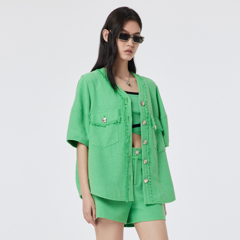 H.GENTEEL荷高新款夏装女草绿色落肩廓形外套GCD21520695
