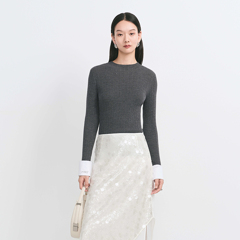 【商场同款】HPLY荷比俪冬季新款女竖纹可拆袖口亮片针织衫