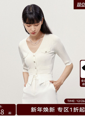 HPLY荷比俪夏季新款女V领罗纹职场通勤气质针织衫HZD21650243