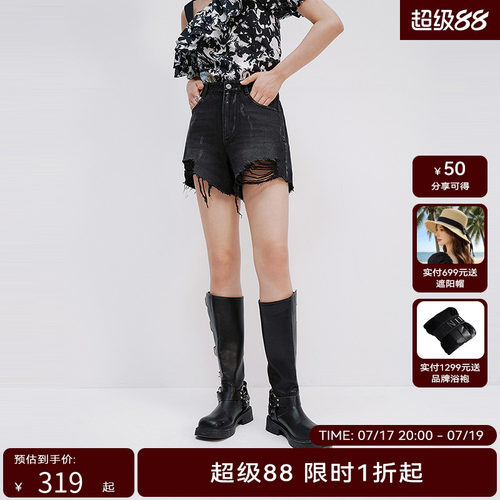 【商场同款】HPLY荷比俪2025夏新款女微宽挺阔含棉牛仔休闲短裤