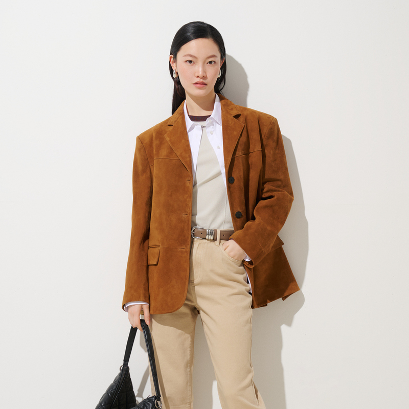 【商场同款】HPLY荷比俪2024秋季新款女复古绒感拼接翻领西装外套
